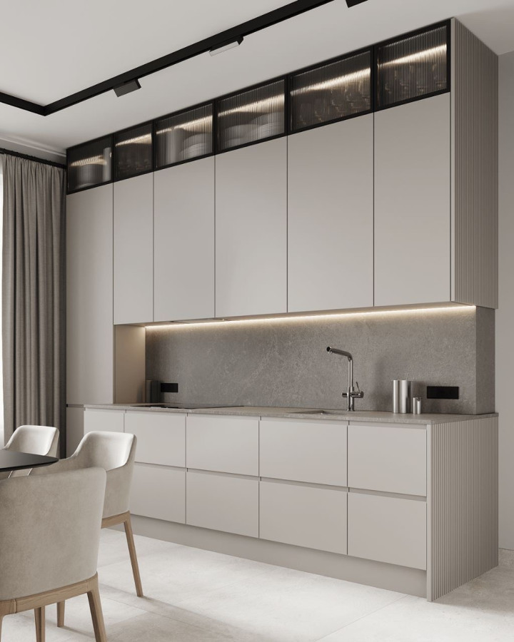 Белая кухня с фрезерованными фасадами из ПВХ пленки №3